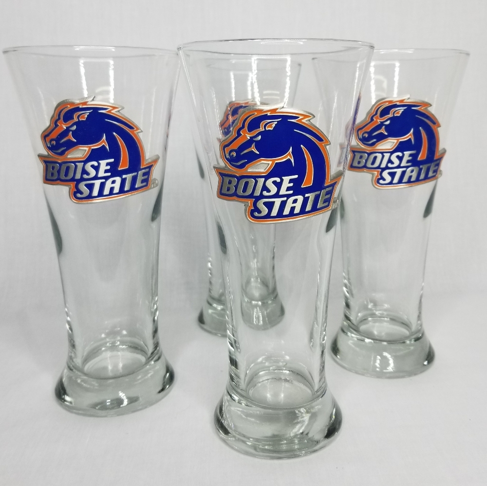 BSU Broncos Pewter Medallion Logo  Pilsner Beer Glasses 16oz Set of‎ 4